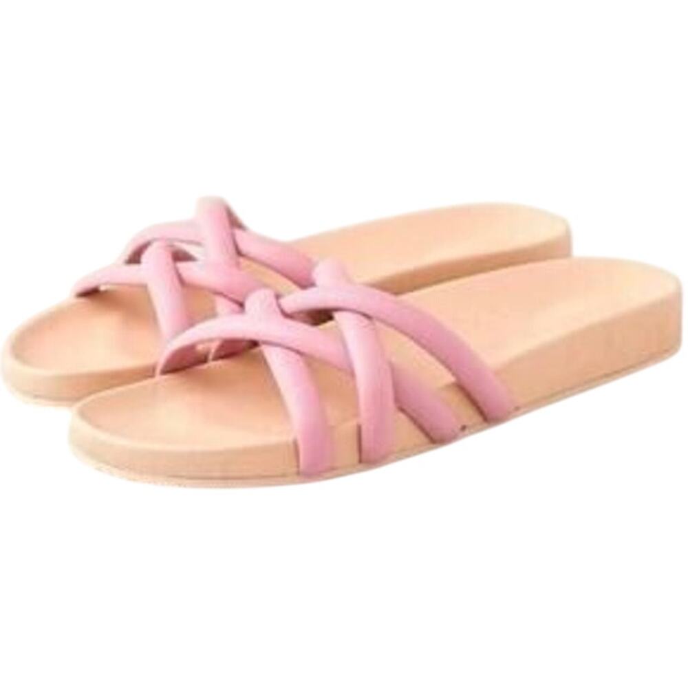 J.Crew Pacific Cushy Strap Slide Sandals Leather Slip On Flats Pink 12 NWOT